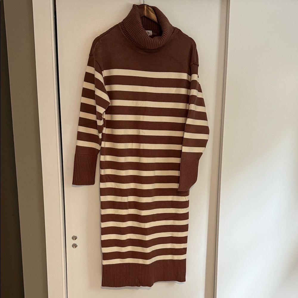 Striped Brown and Cream Turtleneck Dress